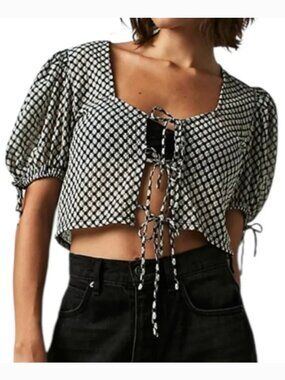 Free People Sweet Sun Tie Front Blouse, Black and White Gingham. Size L